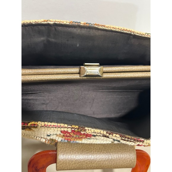 Vintage Tapestry Floral Handbag Amber Lucite Handle Kiss Lock Closure Women - Picture 7 of 11
